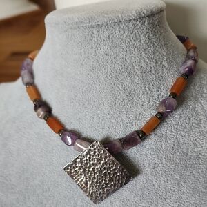 Hand Beaded Purple/Pumpkin/Silver Necklace & Earrings